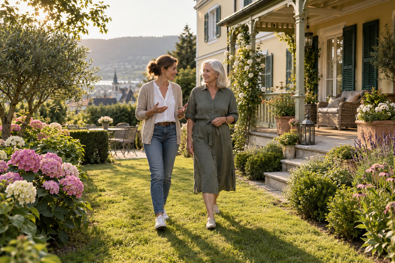 Zwei Frauen gehen neben dem Haus ihrer Tante durch einen blühenden Garten